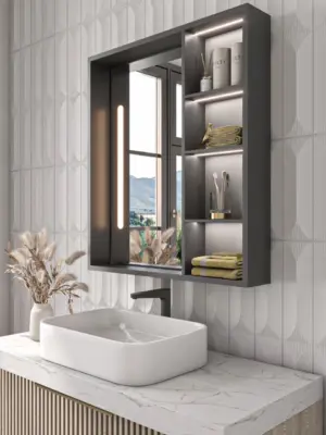 Cavina Illuminated Bathroom Mirror Unit with Shelves - Image 10
