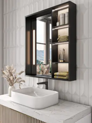 Cavina Illuminated Bathroom Mirror Unit with Shelves - Image 12