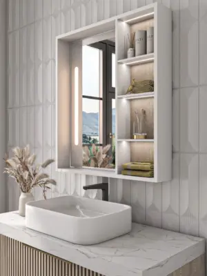 Cavina Illuminated Bathroom Mirror Unit with Shelves - Image 13