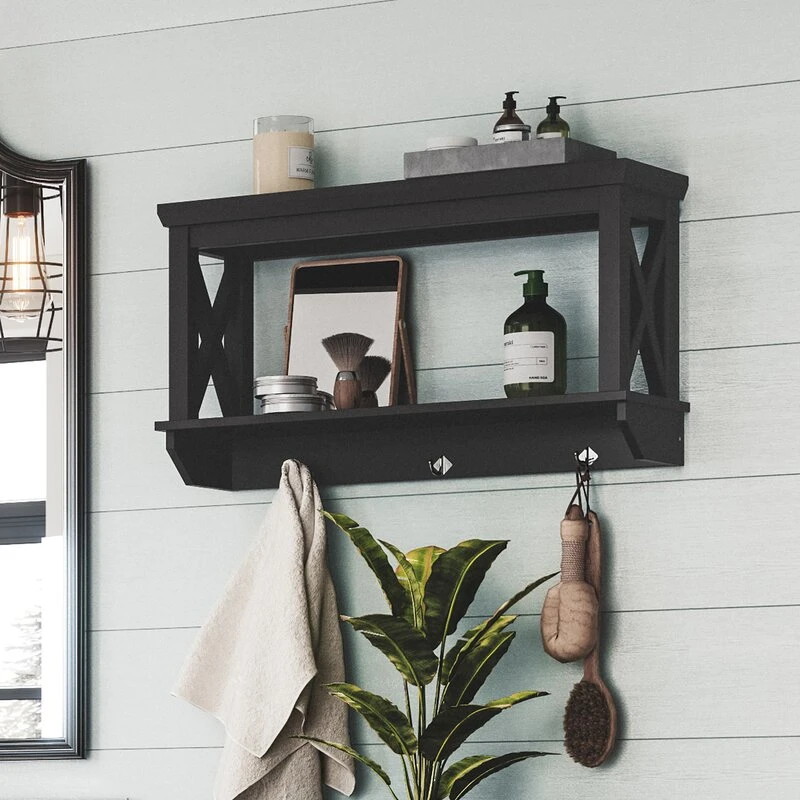 سكوت رف خشبي معلق مزود بخطافات Scott Wooden Hanging Shelf with Hooks - Image 1