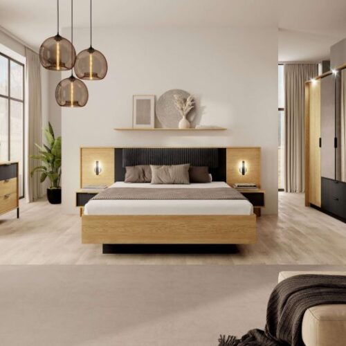 طقم غرفة نوم آرلين من الخشب الطبيعي لوح رأس مُضلّع