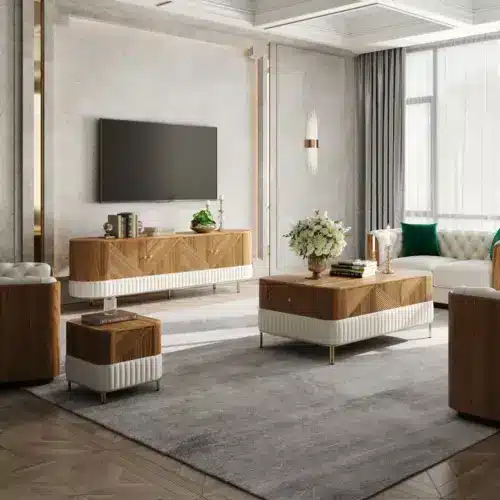 ClearVox TV unit, coffee table and side table set in natural wood