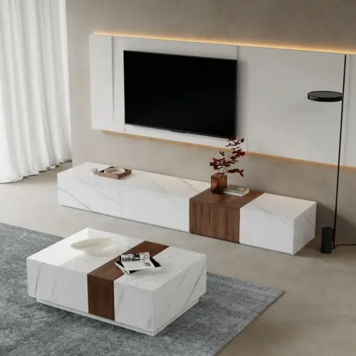 Marquina TV unit in natural wood and marble alternative with matching coffee table