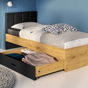 Arvo single bed, natural wood, with storage drawer and upholstered headboard