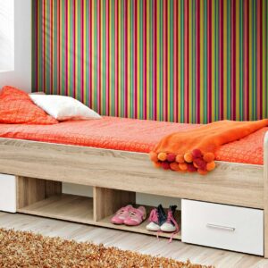 Vera single bed, natural wood, with two drawers and open storage shelves.