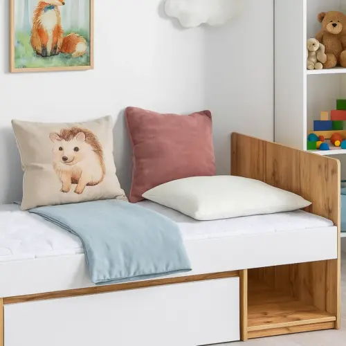 Nova single bed, natural wood, with storage unit and drawer underneath.